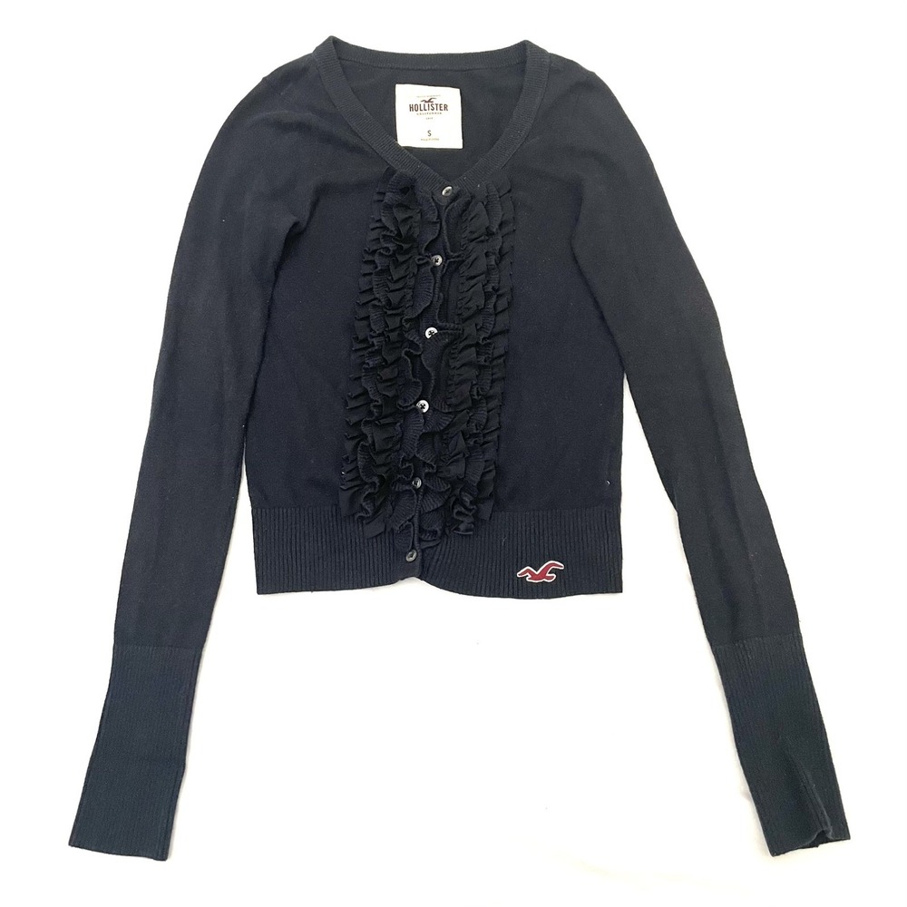 Hollister Y2K Ruffle Cardigan Women's Small Black Babydoll Embroidered Logo